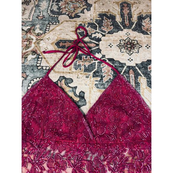 Vintage Hand Beaded y2k Open Back Tie Top Crop Pink Floral Halter Tank Medium - Picture 11 of 16